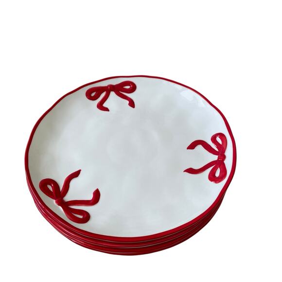 Hand Painted Coquette Red Bow Dinner Plates 10.25in White Ceramic Set of 4 NEW - Picture 7 of 13